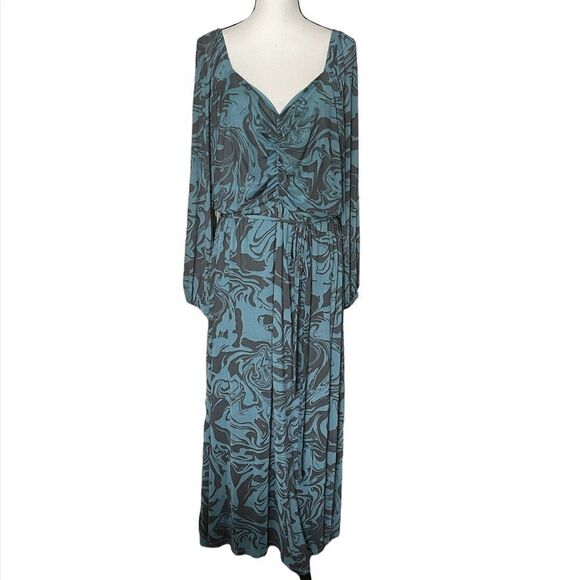 NWOT Ava & Viv Blue & Gray Balloon Sleeve Cinched Swirl Print Mesh Maxi Dress - Picture 4 of 6